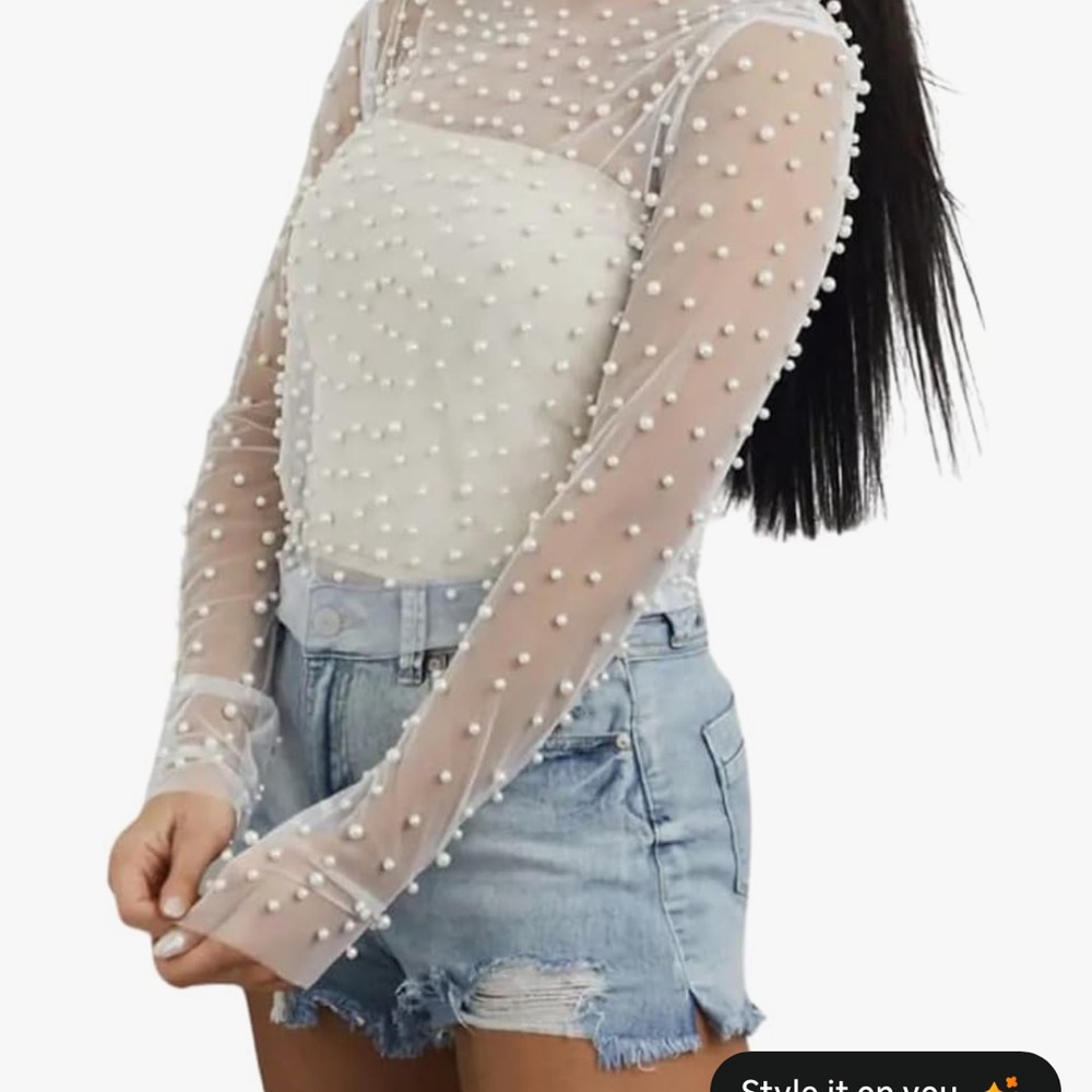 Sheer Pearl-Embellished White Top